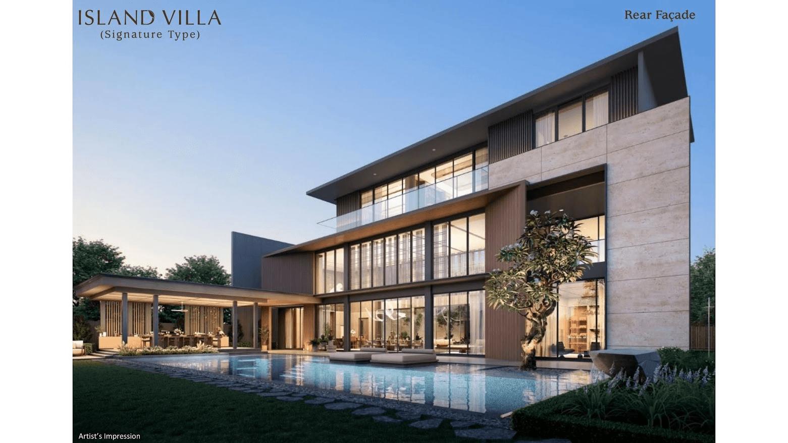 tampilan facade belakang island villa tipe signature lebar 30 dengan kolam renang