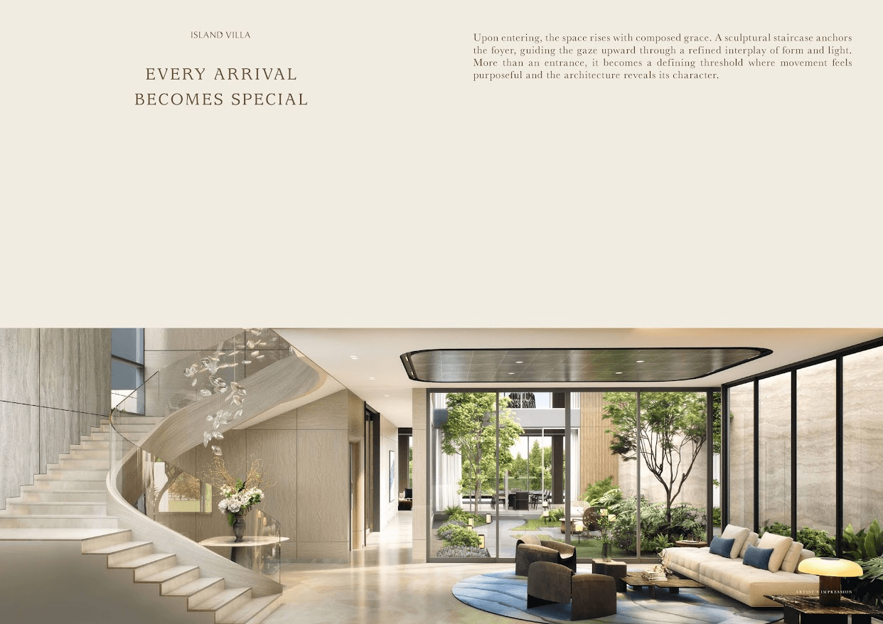 grand staircase sebagai visual anchor di lantai dasar island villa