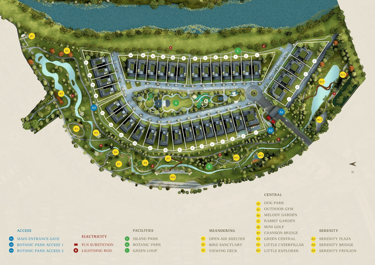 Siteplan kavling Cluster Island Villa Navapark dengan tampilan central park di tengah dan diapit botanic villa dan sungai Cisadane